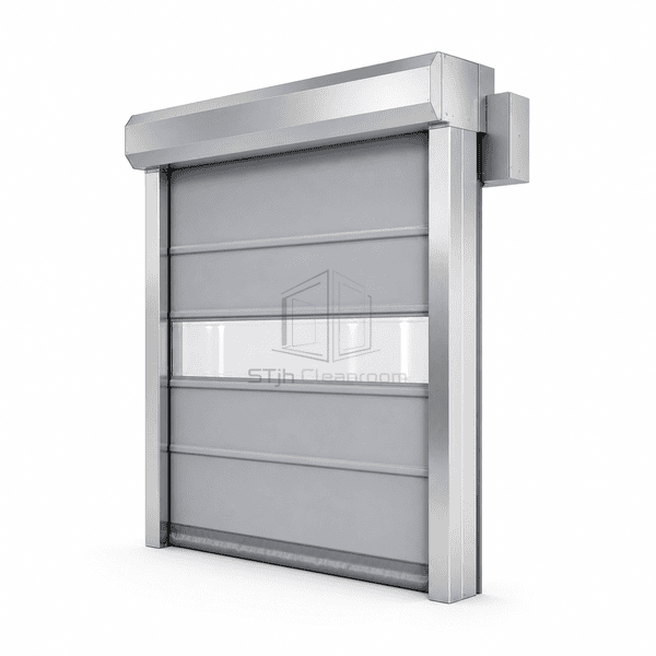 PVC high-speed roll-up door side profile showing drum motor and flexible curtain guide