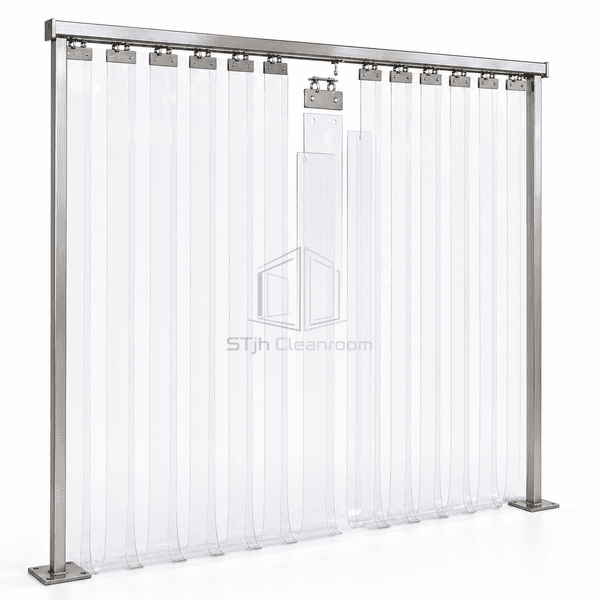 PVC strip curtain door stainless hook-on track and overlapping strip detail