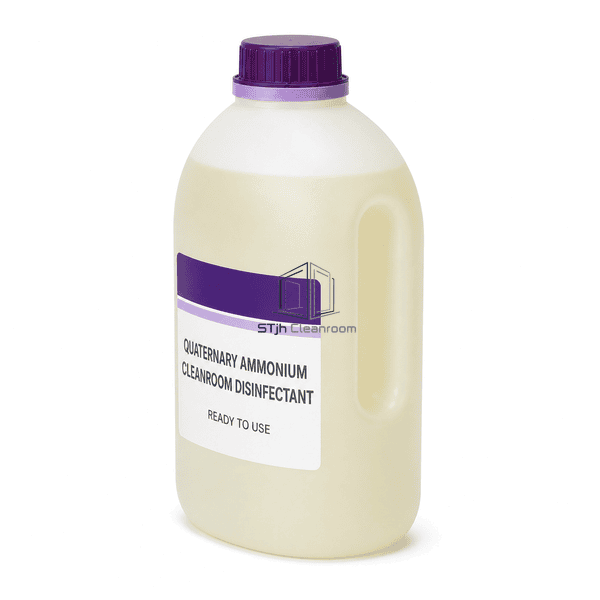 Quaternary ammonium disinfectant bottle side view showing recessed grip and liquid level