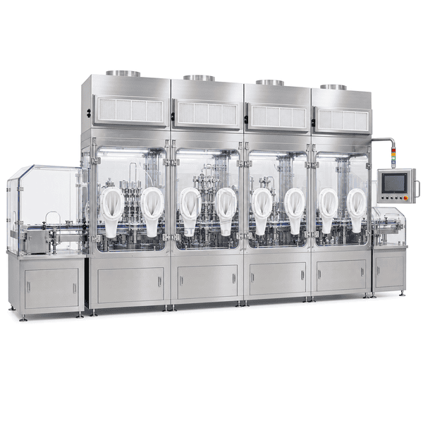 Wide four-module RABS with eight glove ports and integrated filling conveyor