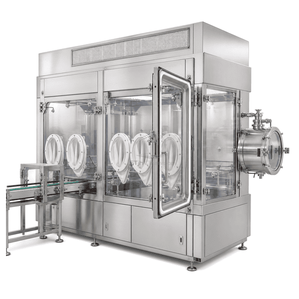 Complete RABS with open interlocked door showing gasket, glove and transfer interfaces