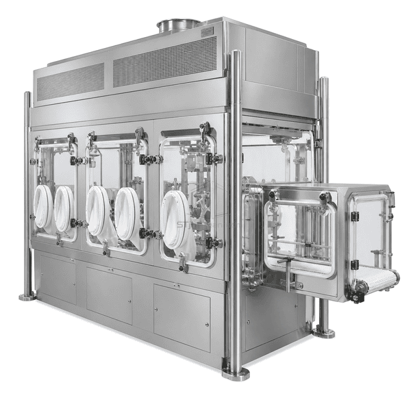 Restricted access barrier system side view with conveyor pass-through and filter plenum