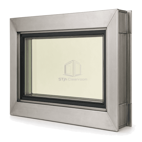 Complete radiation-shielding window installed in a lead-lined cleanroom wall