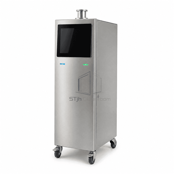 Low complete view of real-time viable particle counter showing base, enclosure and inlet geometry