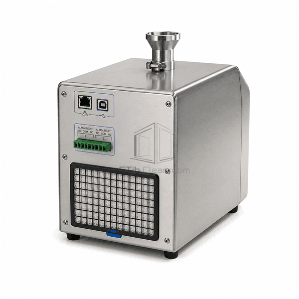 Rear three-quarter viable particle counter showing HEPA exhaust, Ethernet, USB and alarm terminals