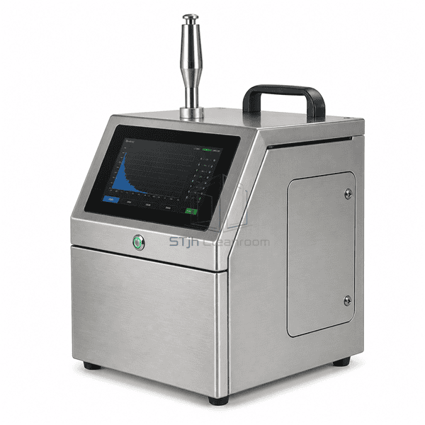 Side view showing viable particle counter cabinet depth, optical access door and sample probe