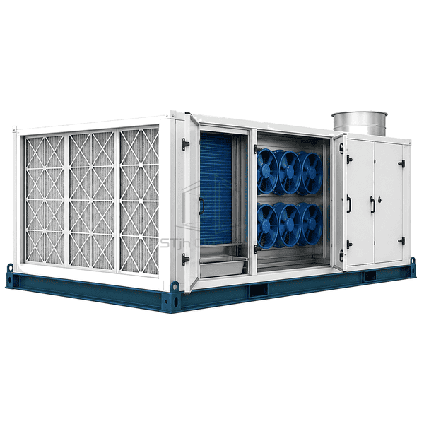 Cutaway showing return filter large cooling coil and EC fan wall