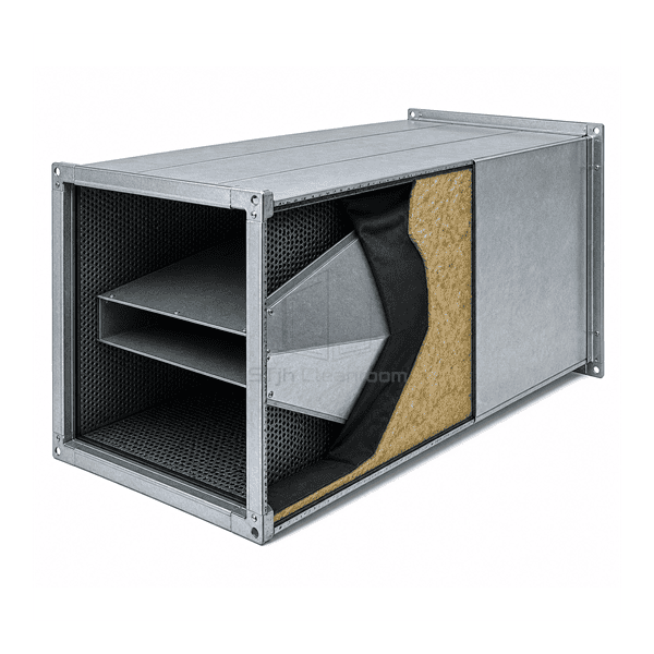 Side cutaway showing perforated splitters and acoustic media