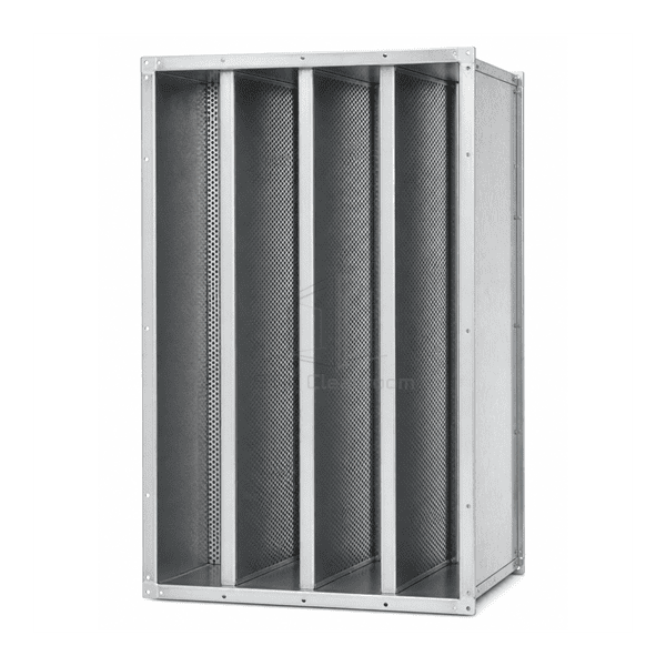 Upright inlet view of a complete rectangular HVAC silencer