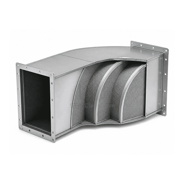 Horizontal full view of a space-saving duct elbow attenuator