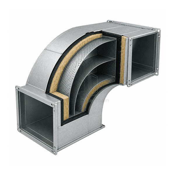Side cutaway showing radiused acoustic baffles through the bend