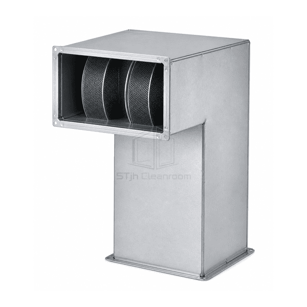Upright inlet view of a complete rectangular elbow silencer