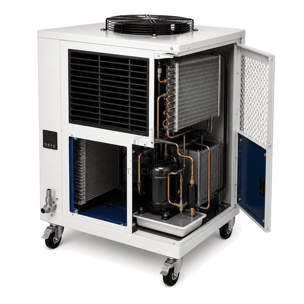 Open service view showing the evaporator compressor and condenser inside the dehumidifier