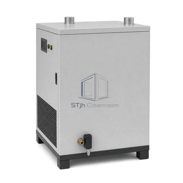 Full refrigerated air dryer right-side interface view emphasizing the electronic condensate drain and downward outlet