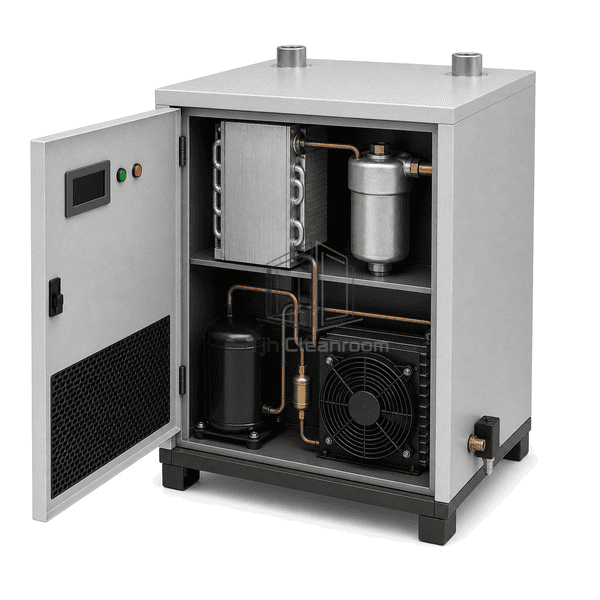 Refrigerated air dryer open service view showing the upper aluminum heat exchanger, lower refrigerant compressor and copper circuit