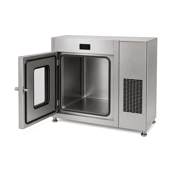 Open chilled chamber view showing removable shelf racks and airflow path