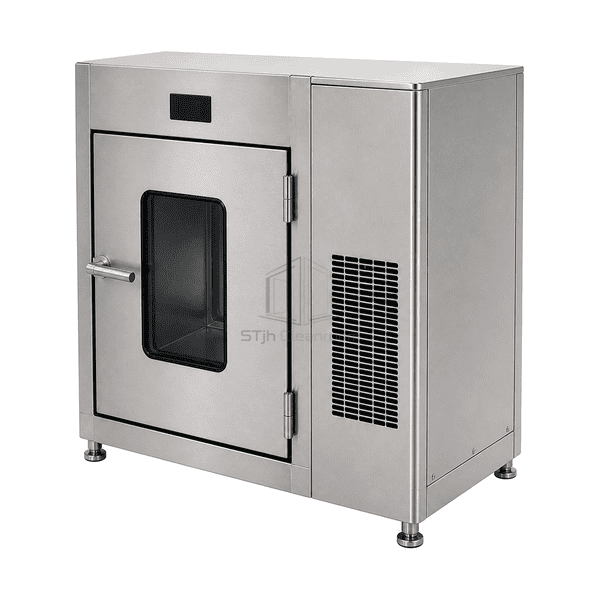 Side cutaway showing refrigeration module, circulation fan and condensate drain