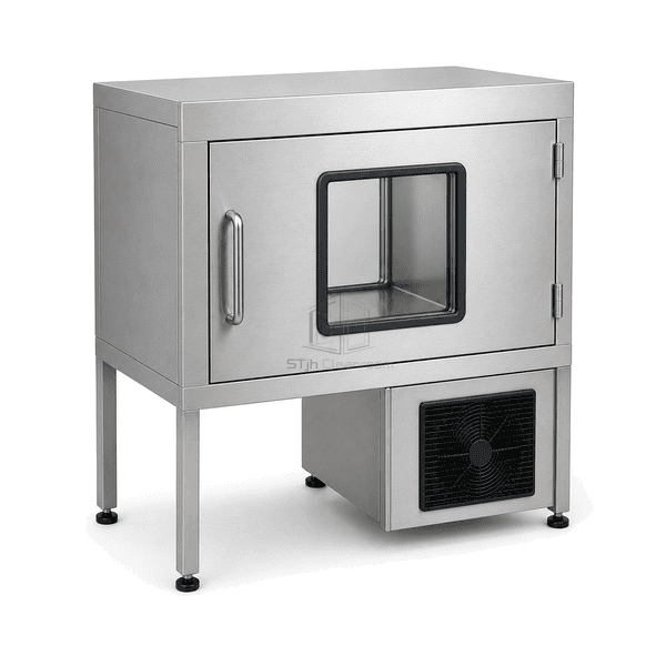 Horizontal refrigerated pass box with both wall frames and complete service module visible