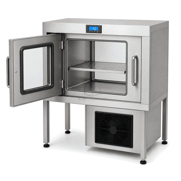 Refrigerated pass box open-door view showing gasketed frame, stainless liner and removable shelf