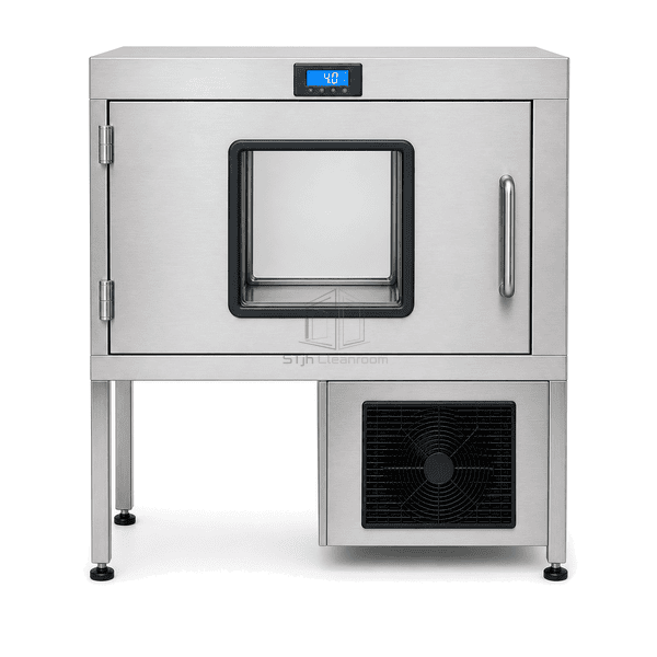 Front view of refrigerated cleanroom pass box showing flush door and digital temperature controller