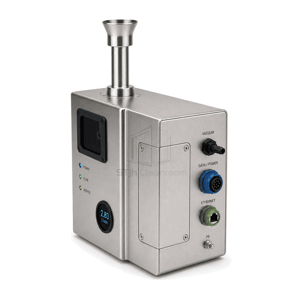Rear three-quarter view of the entire particle sensor with isokinetic sample inlet, vacuum outlet and locking data connector clearly exposed