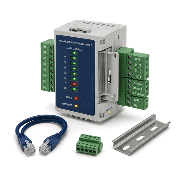 Rear three-quarter view of the entire alarm module with removable I-O plugs, RS-485 connector and watchdog LED clearly exposed