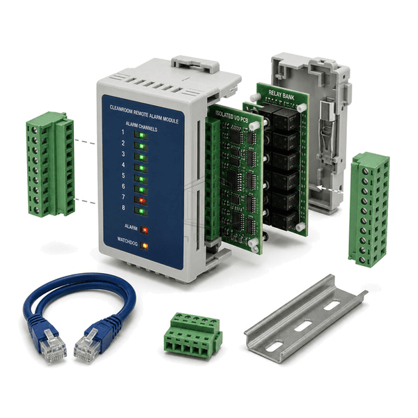 Side view showing DIN-rail clip, isolated I O board and removable terminals