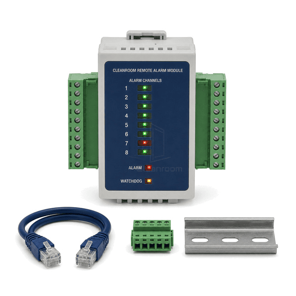 Front view of distributed alarm module showing numbered inputs and relay states