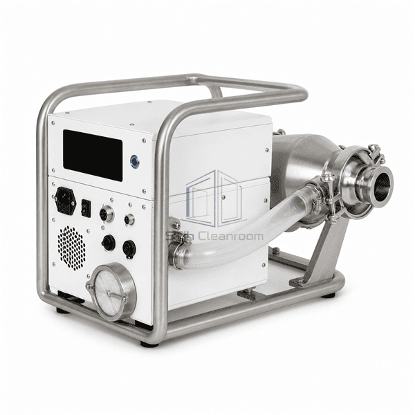 Rear three-quarter remote viable sampler showing data connectors, exhaust filter and tri-clamp interfaces