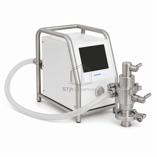 Side view showing remote sampler controller depth, hose connection and sanitary valve head