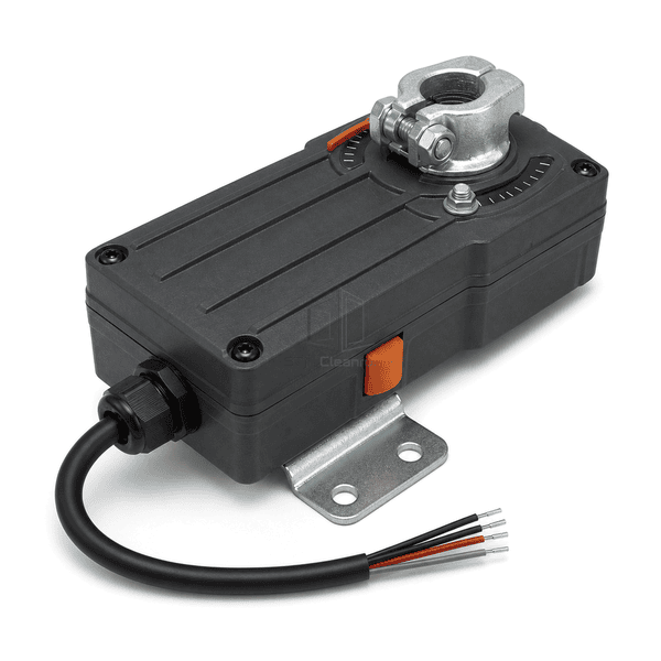 Rear-left service view of the replacement damper actuator V-bolt clamp manual release and anti-rotation interface