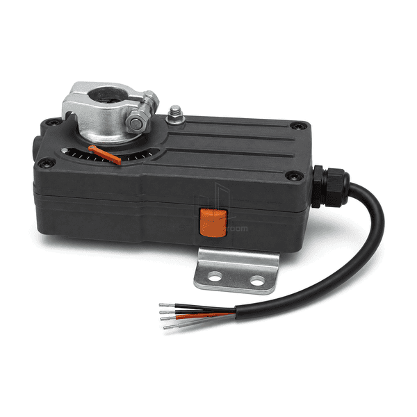 Low right-side view showing the replacement damper actuator enclosure depth release button and cable gland