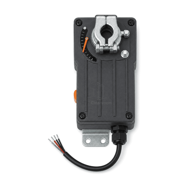 Straight overhead view of the replacement damper actuator shaft clamp position pointer and two-hole bracket