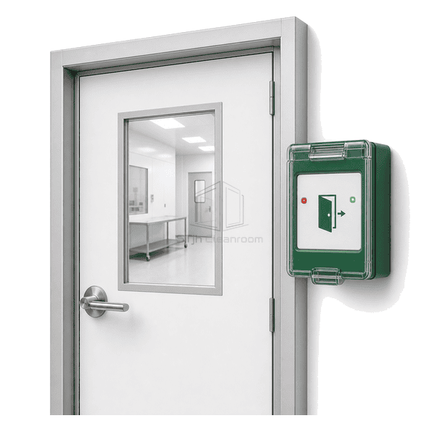 Emergency release button installed beside a cleanroom door