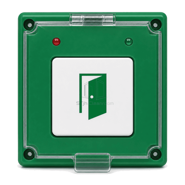 Front view of a covered emergency cleanroom door release unit