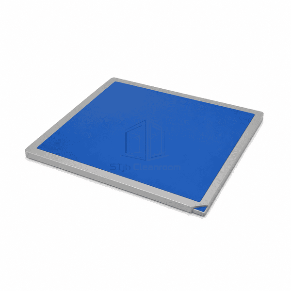 Blue polymeric cleanroom mat bonded to a grey resin floor coupon with a tapered edge cutaway