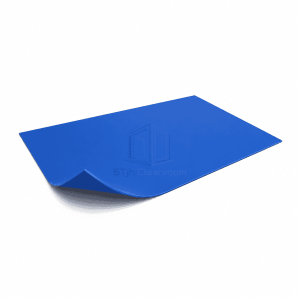 Low side view of a cobalt-blue cleanroom mat with one corner lifted to show the thin polymer body