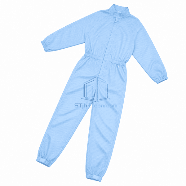 Reusable cleanroom garment laid flat showing complete panel construction