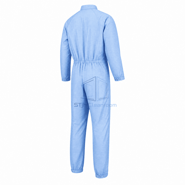Reusable cleanroom garment rear view showing seam and waist layout