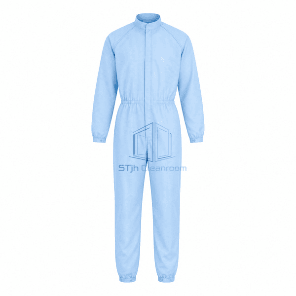 Reusable cleanroom garment upright front view with covered zipper