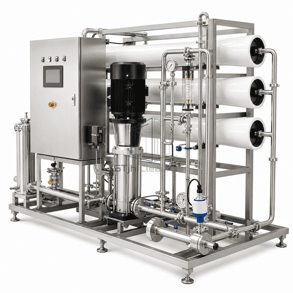 Reverse osmosis water system sanitary piping and conductivity sensor
