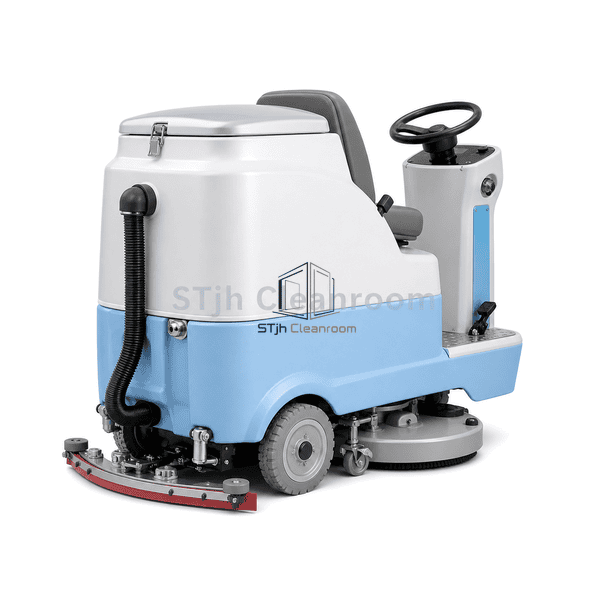 Complete rear three-quarter view of ride-on scrubber