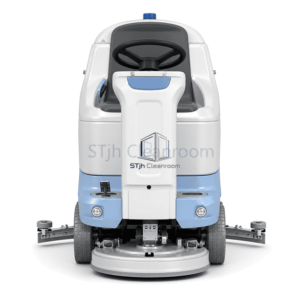 Front view of compact ride-on cleanroom scrubber