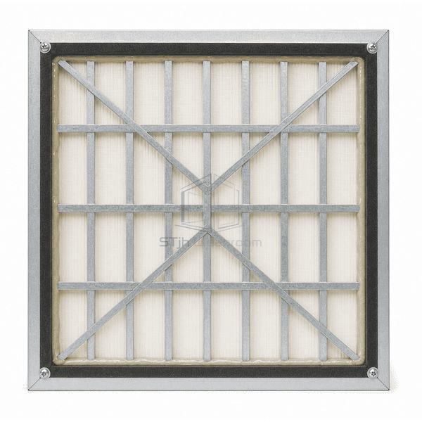 Straight downstream view of the rigid box filter with galvanized support lattice edge potting gasket and corner screws