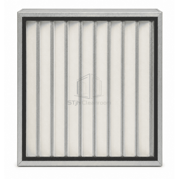 Front view of a rigid deep-pleat media pack and box frame