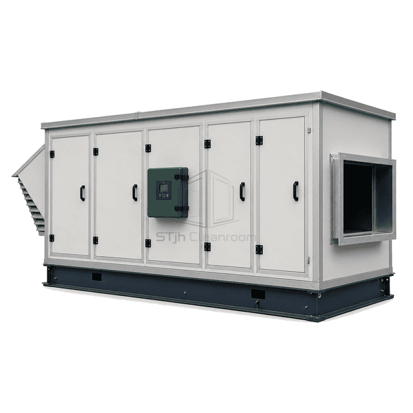 Complete long rooftop air handling unit on structural curb