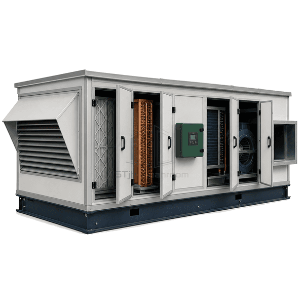 Open rooftop AHU showing filters coils fans and weather drainage