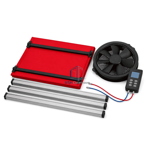 Room airtightness tester collapsed components in horizontal layout