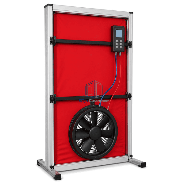 Room airtightness tester side view showing frame and fan depth
