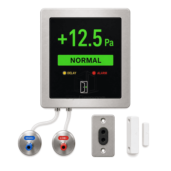 Front view of room pressure display showing positive pascal value and normal status